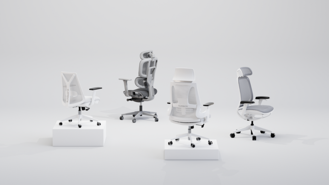 A imagem traz fundo branco com uma série de cadeiras da Elements.